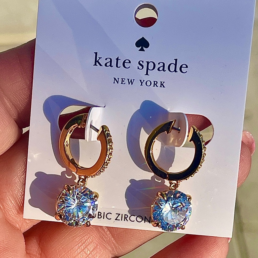 Kate Spade NWT Crystal Drop Gold hoop Huggies Earrings Brilliant CubicZirconia - Picture 4 of 10
